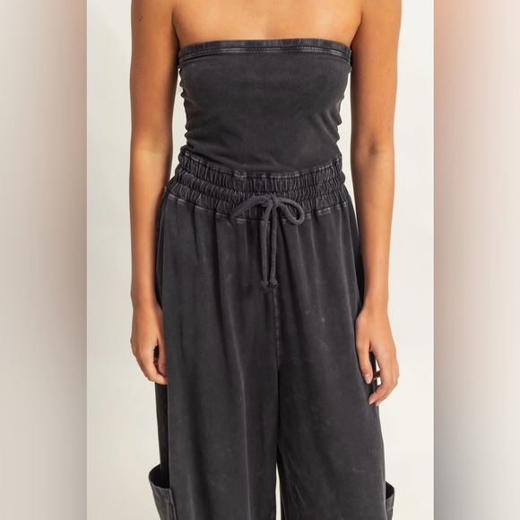 NWT Washed Cotton Tube Top Strapless Drawstring Cargo Pocket Wide Leg Jumpsuit - Picture 6 of 6